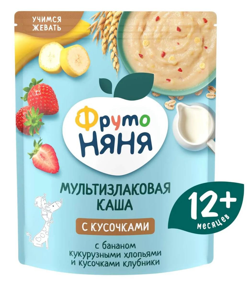 Каша молочная мультизлаковая c  бананом , кукурузными хлопьями и кусочками клубники Фрутоняня с 12месяцев 200g