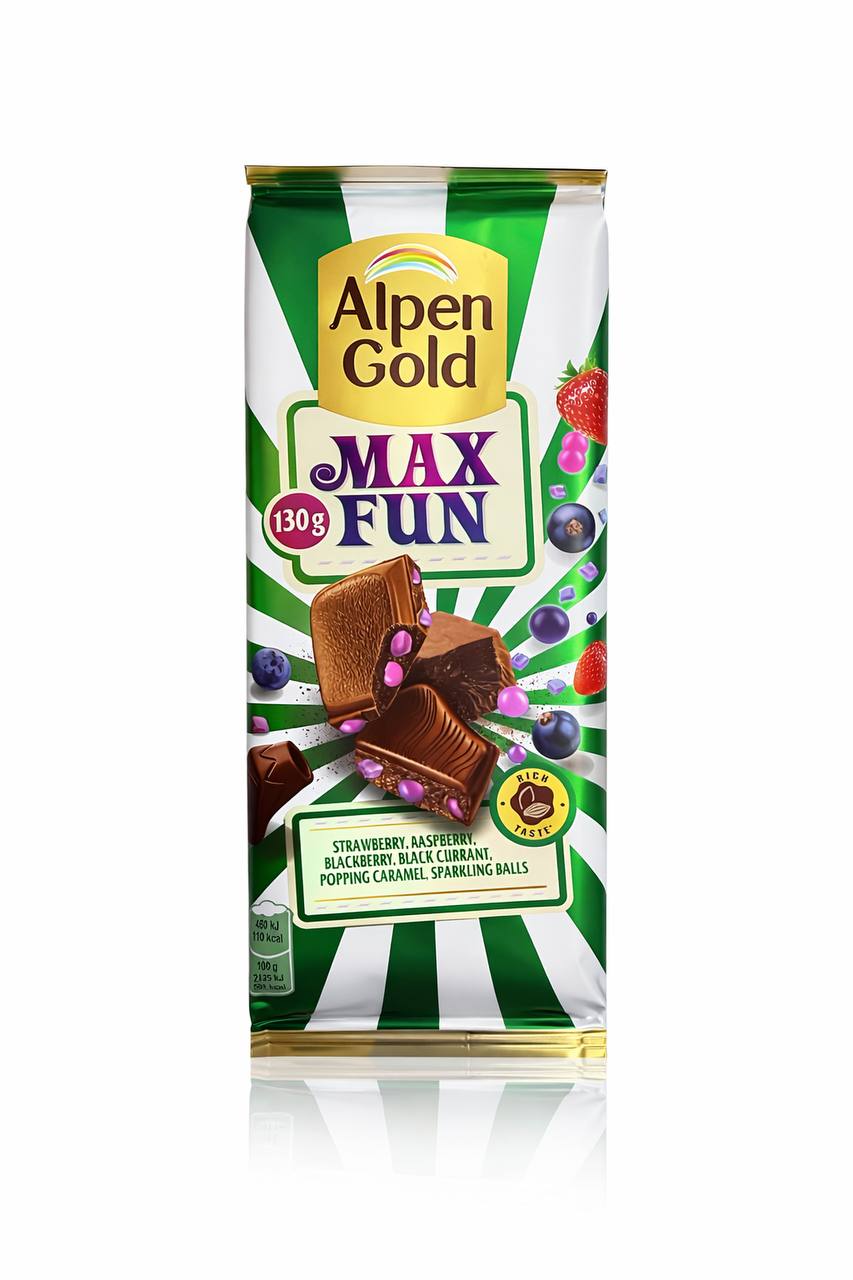 Молочный шоколад с ягодной начинкой и взрывной карамелью MaxFun Alpen Gold 130g