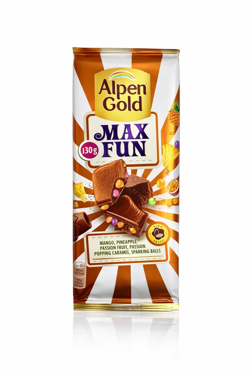 Молочный шоколад с тропической начинкой и взрывной карамелью MaxFun Alpen Gold 130g