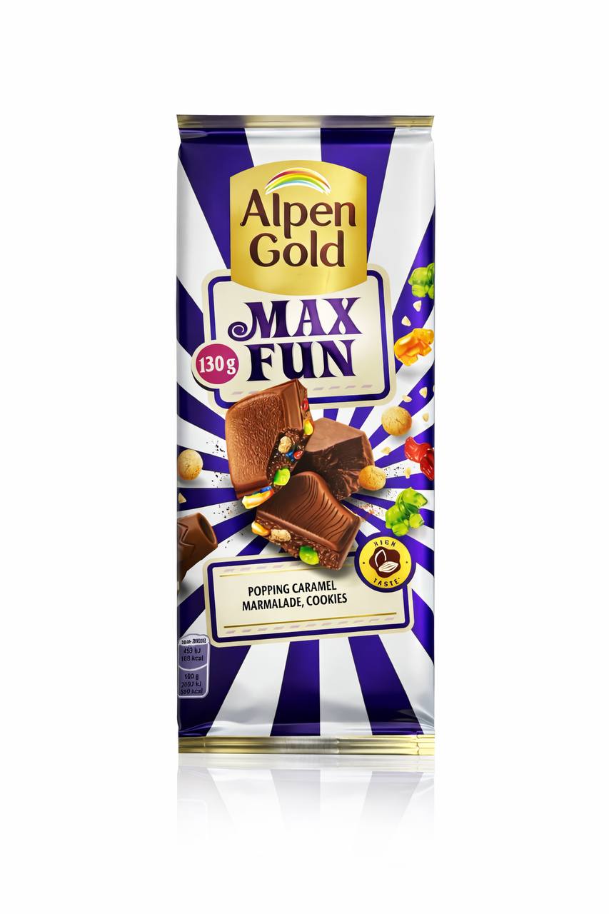 Молочный шоколад с карамелью, мармеладом и печеньем MaxFun Alpen Gold 130g