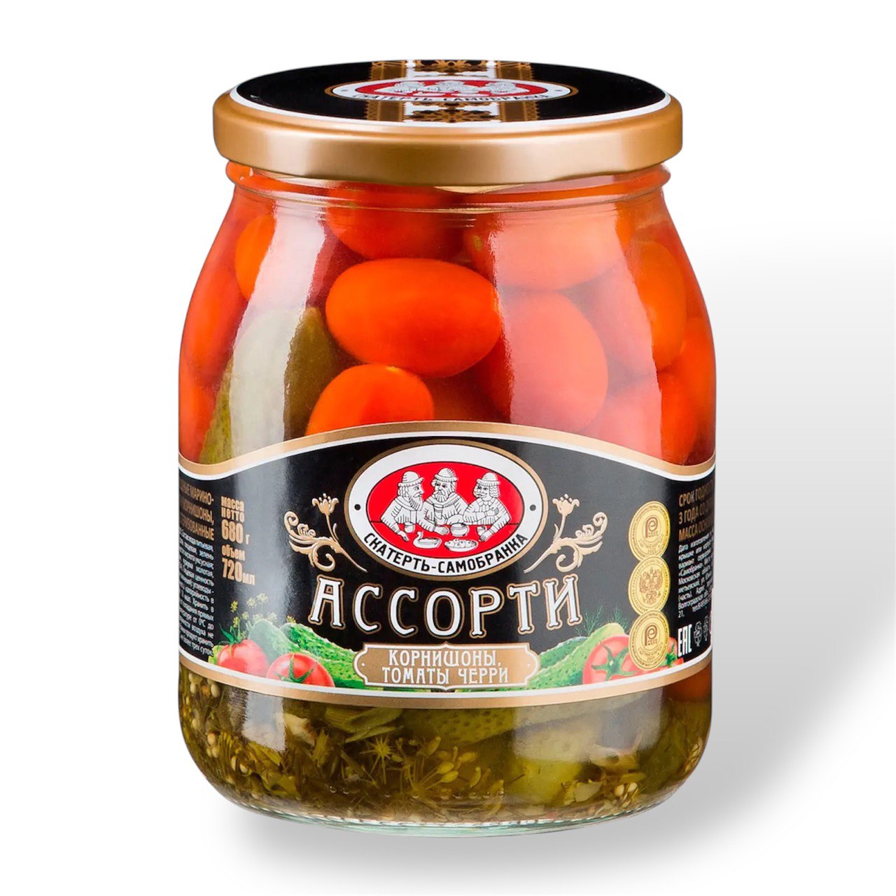 Ассорти Корнишоны и томаты черри Скатерть-Самобранка 680g