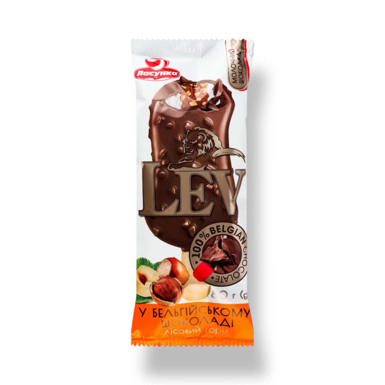 Мороженное Lev в бельгийском шоколаде с лесным орехом Lasunka 80g